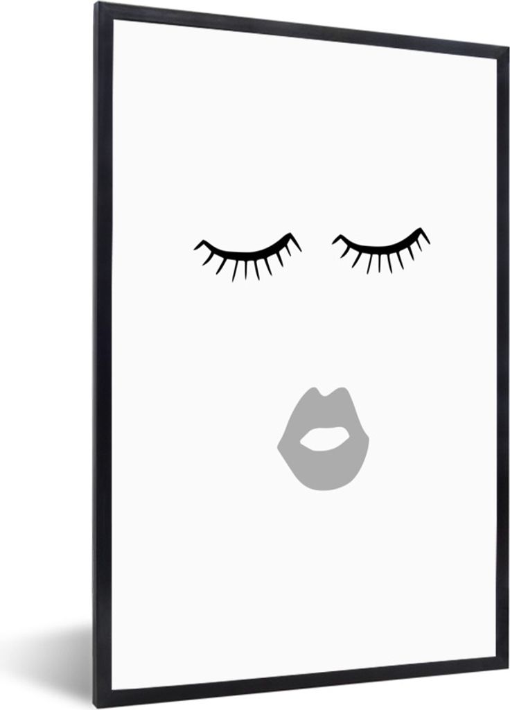 MuchoWow Gerahmtes Poster Augen - Lippen - Schwarz - Weiß 40x60 cm - Poster mit Schwarzem Bilderrahmen Wandposter Rahmen Foto Bilder - Papierdru...