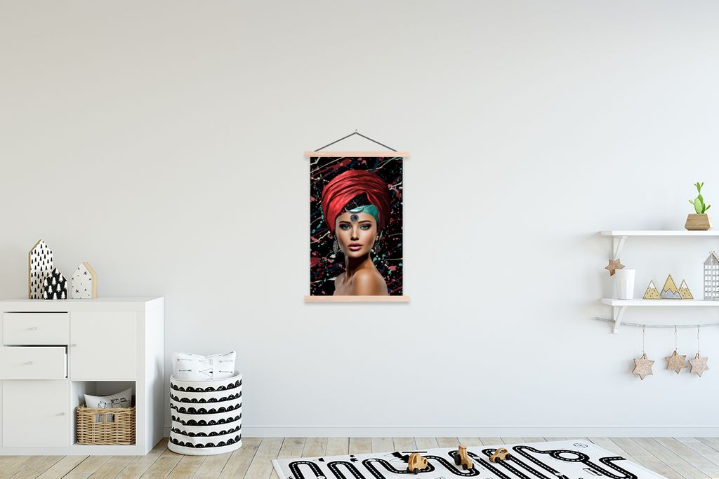 MuchoWow Textilposter Frau - Abstrakt - Rot 60x90 cm mit holzfarbenen Rahmen - Textil