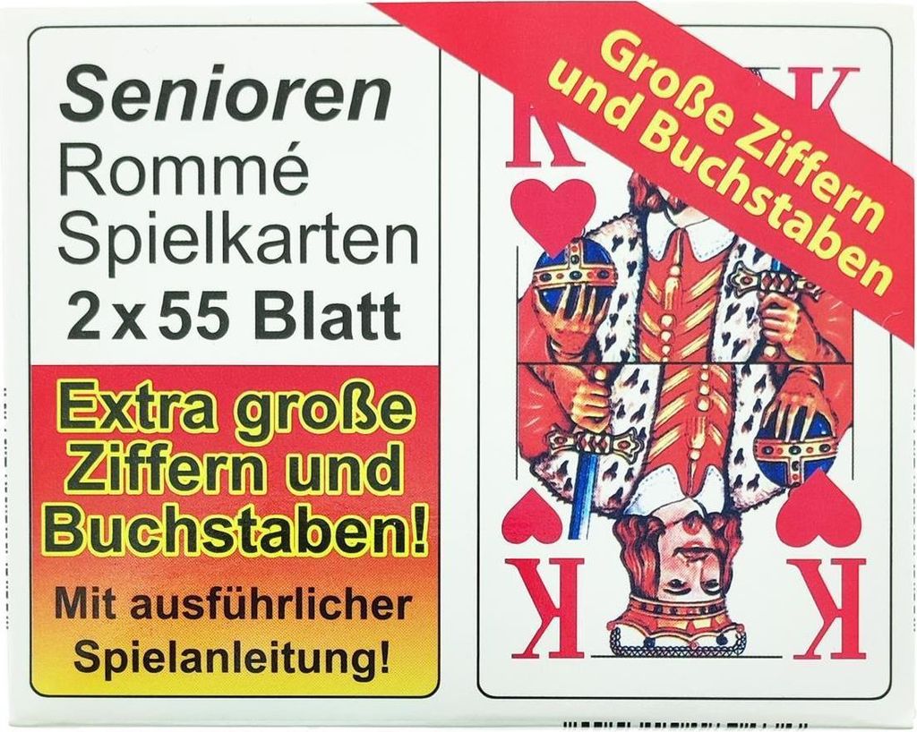 The image shows the packaging of a deck of playing cards for seniors, with a king card visible on the right side.