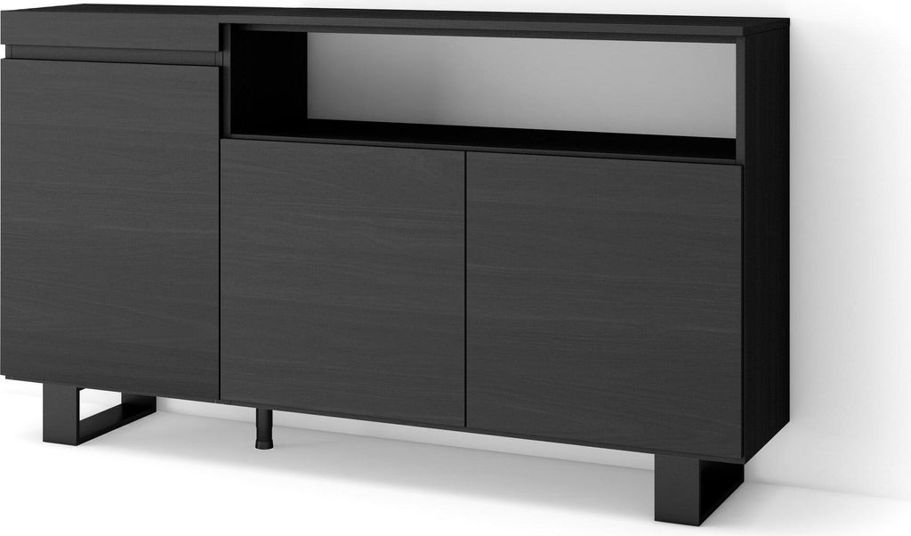 Sideboard, Highboard, 150x35x87cm, 3 Türen, Industriedesign, Schwarz