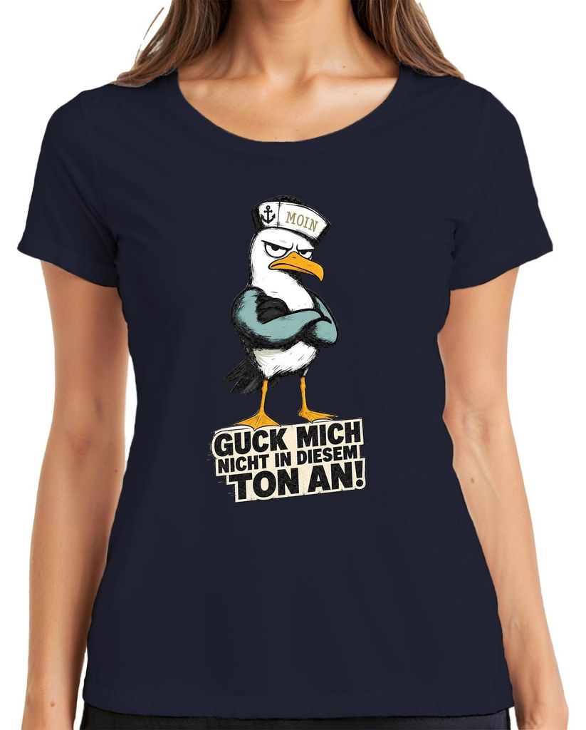 Guck mich nicht in diesem Ton an Möwe Moin Statement Sarkasmus Damen T-Shirt, Navy, S