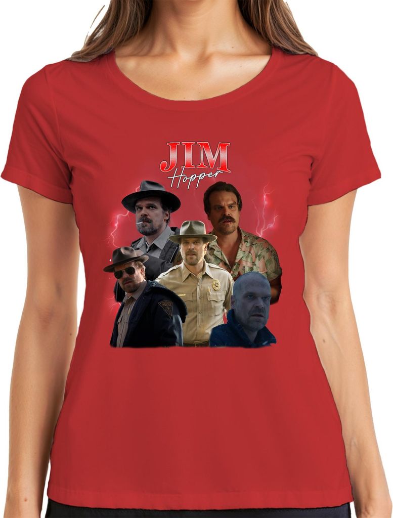 Jim Hopper Stranger Sheriff Hawkins Polizei Geschenk Serie 90s Bootleg Damen T-Shirt, Rot, XL