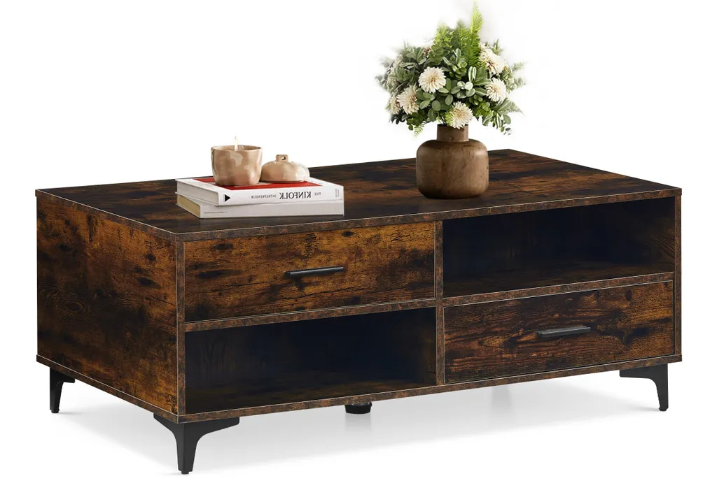 Table de Salon Moderne Marron avec Tiroirs de Stockage et Fini Mat Doux