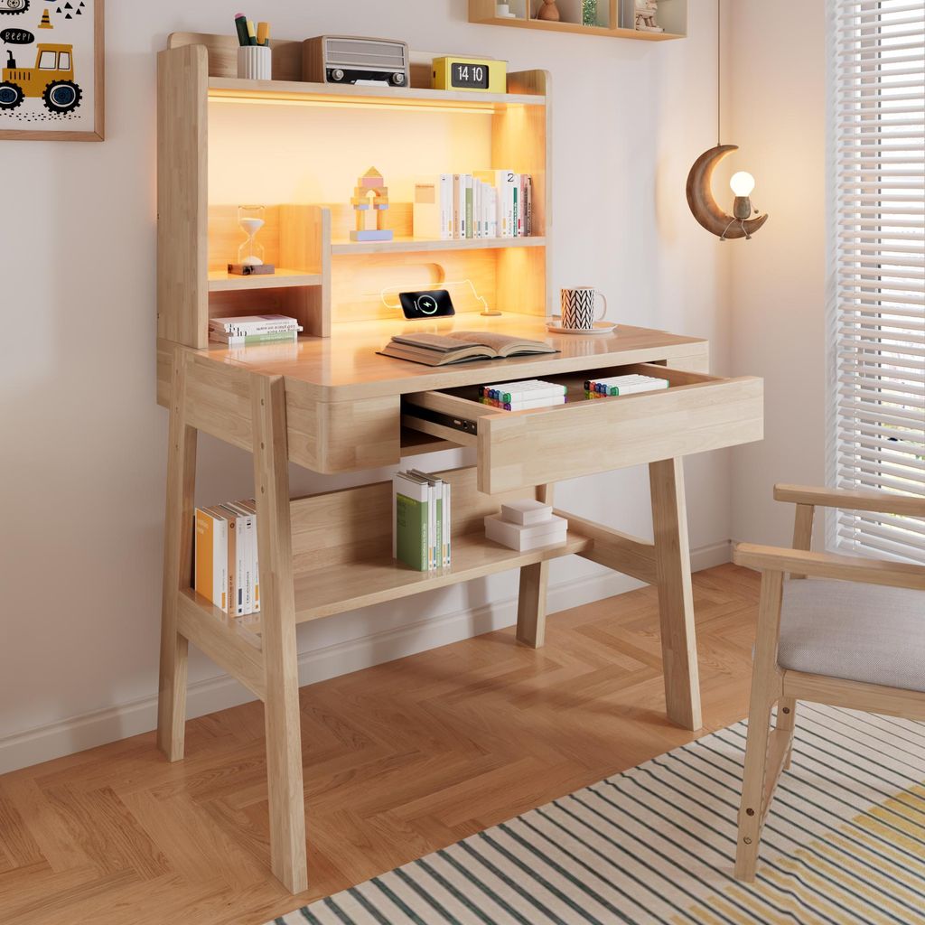MODFU Kinderschreibtisch mit USB-Anschluss und Stauraum Höhenverstellbarer Schreibtisch mit LED-Lichtleiste und Schublade geeignet für Kinder ab ...