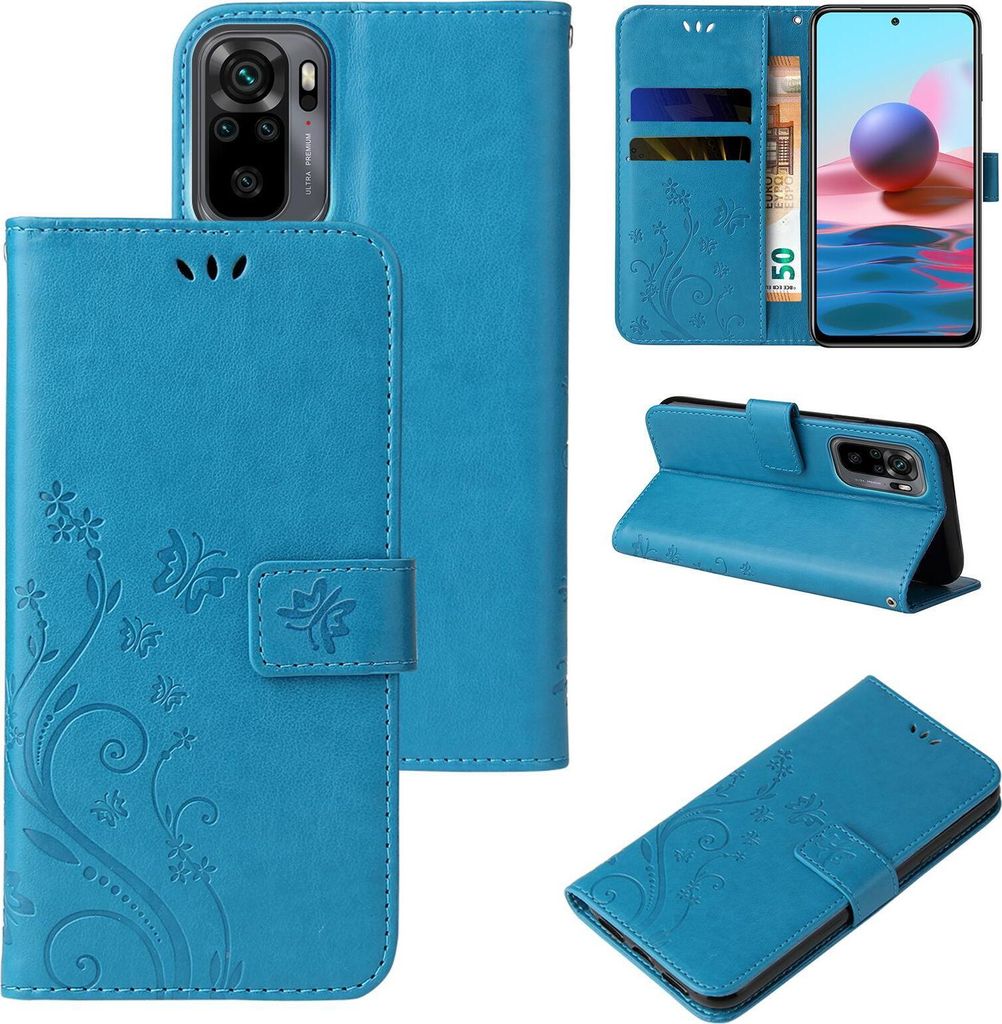 Handyhülle für Xiaomi Redmi Note 10 Floral Blumen Schmetterling Flip Cover Hülle Case Klapphülle Handytasche Farbe: Blau