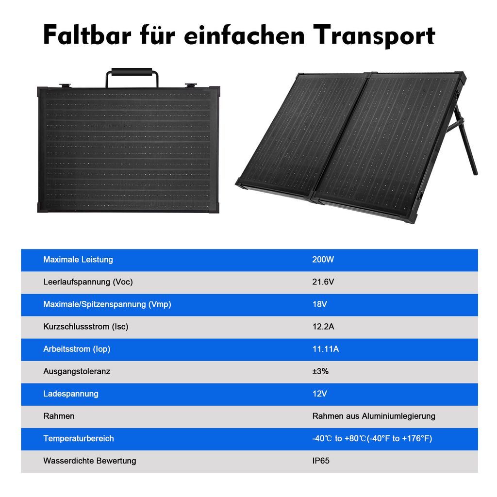 200W Faltbar Tragbar SolarPanel + 12V 20A Batterie Ladegerät