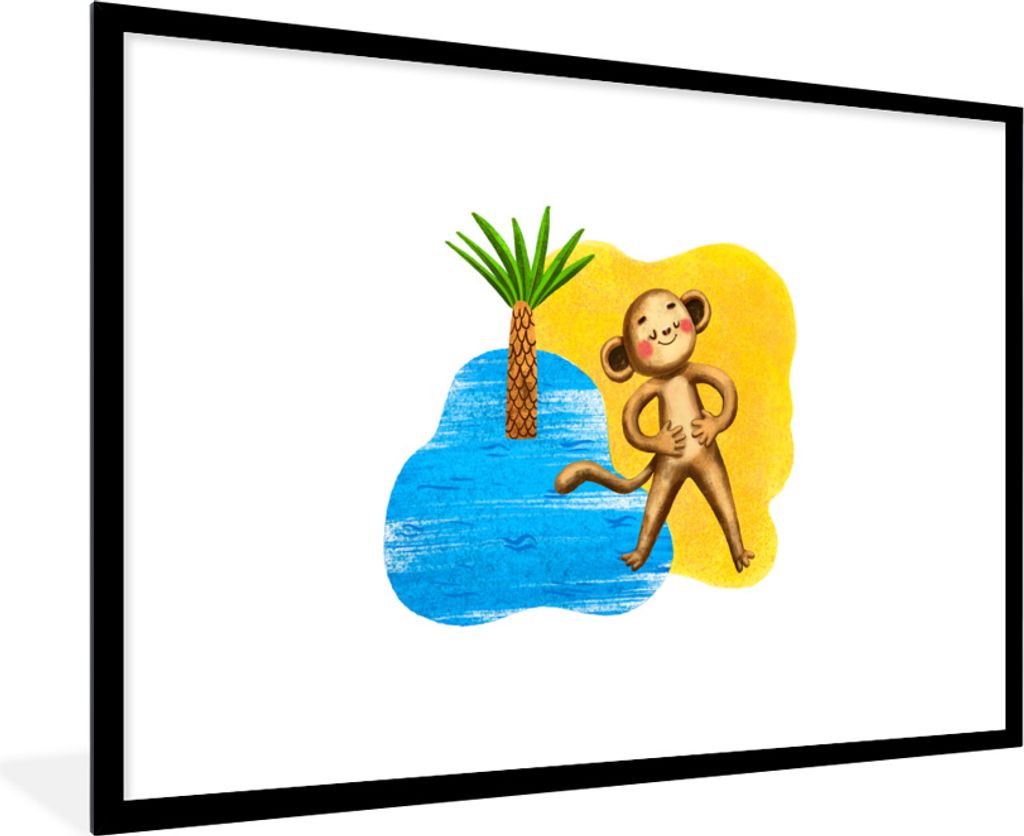 MuchoWow MuchoWow Gerahmtes Poster Affe - Strand - Palme - Meer 90x60 cm - Poster mit zchwarzem Bilderrahmen - Wanddekoration - Fotos