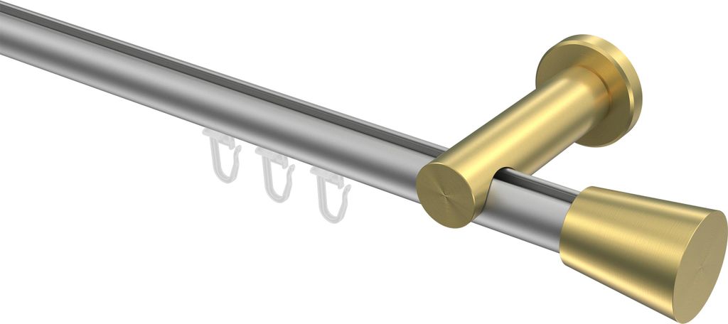 Interdeco Innenlaufstange / Gardinenstange mit Innenlauf Silbergrau / Messing-Optik, Typ Platon Sitra (Konus), 20 mm Ø 1-läufig, 360 cm