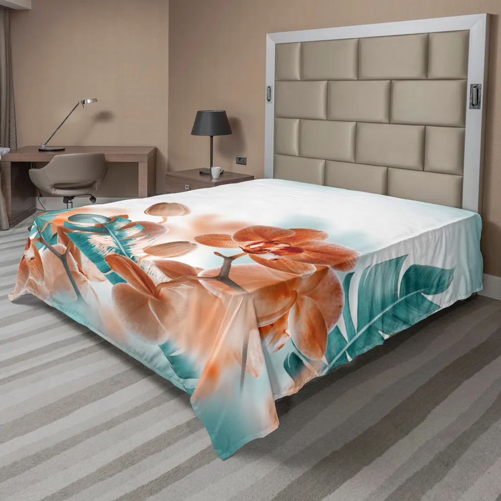 Drap de lit décoratif fleurs d'orchidées orange et bleu sarcelle 260 cm