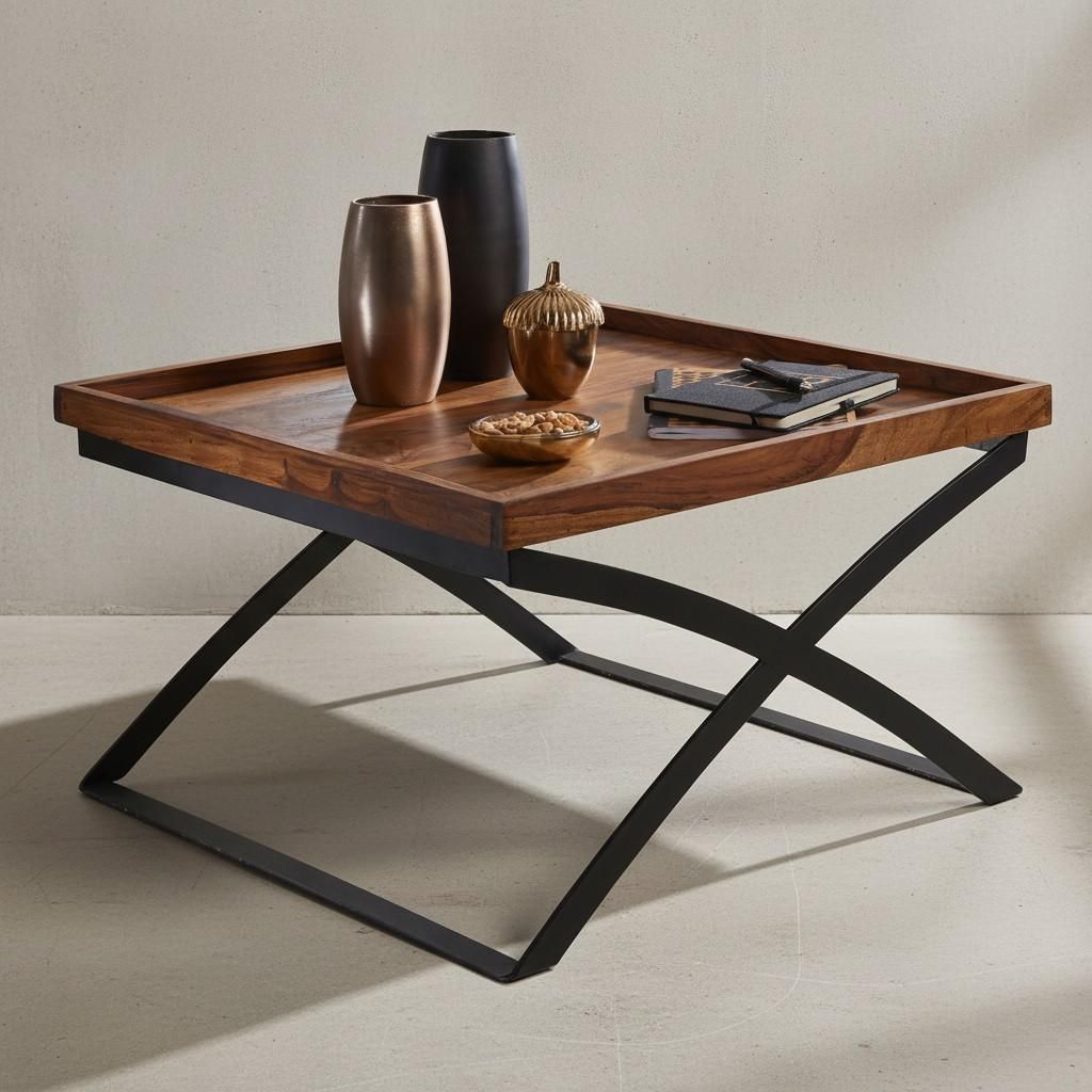 Quadratischer Couchtisch im Industrial-Stil, Sheesham & Eisen. 63x63x39 cm | Kadima Design