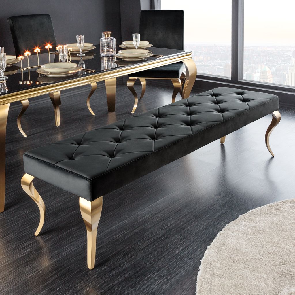 Design Sitzbank MODERN BAROCK 175cm schwarz Samt gold Edelstahl Bank Bettbank