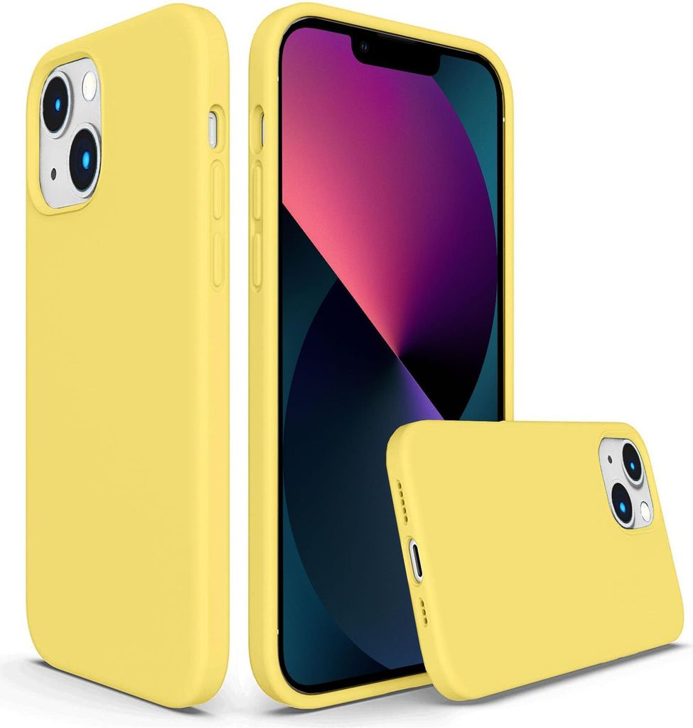 Three yellow iPhone cases are displayed against a white background. One case is shown from the side, another from the front with a phone inside, and a third from the back.