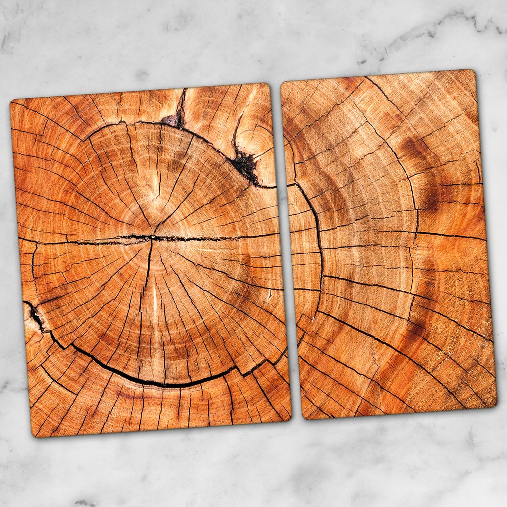 Glas-Herdabdeckplatten Glaskeramikkochfeld-Abdeckung Spritzschutz Schneidebrett Zweiteilige Glas 70x52 Holz Stamm