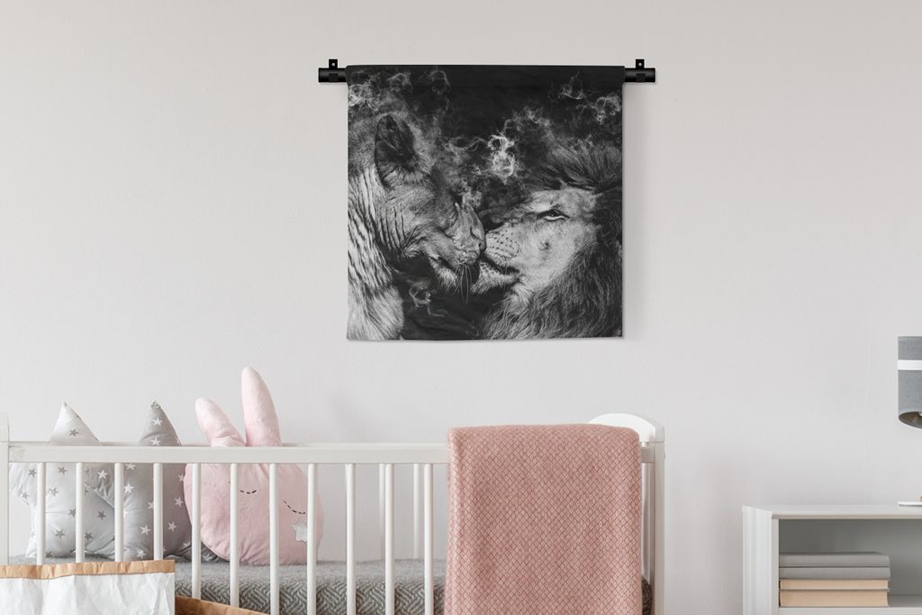 MuchoWow® Wandteppich Wandbehang Löwe - Rauch - Liebe - Produktbild 