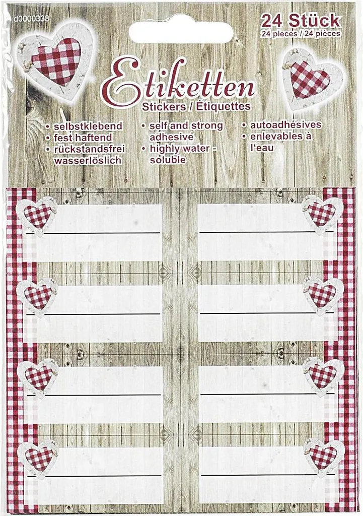 DOSEN-ZENTRALE Etiketten selbstklebend Holz/Herzdekor rot/weiß 24er Pack