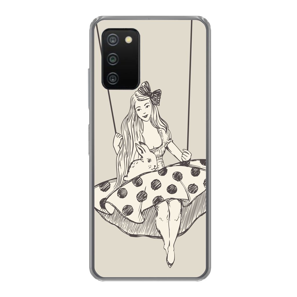 MuchoWow Handyhülle Schutzhülle Hülle für Samsung Galaxy A03s Mädchen in gepunktetem Kleid mit Kaninchen Silikon Softcase Handy Hülle - Schutz