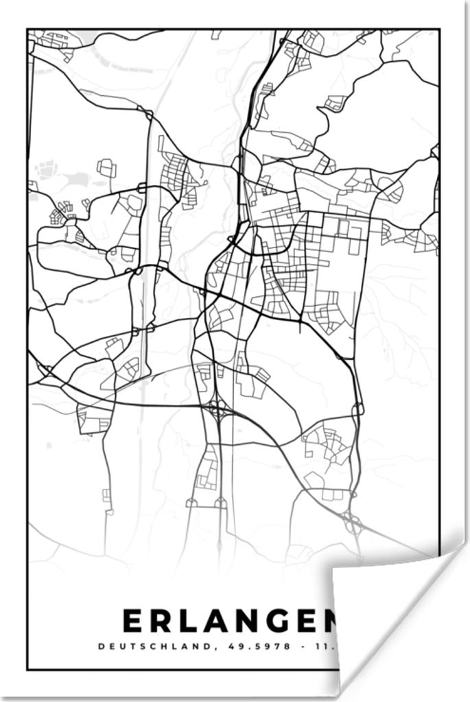 MuchoWow Poster Karte - Erlangen - Stadtplan 60x90 cm - Wanddekoration