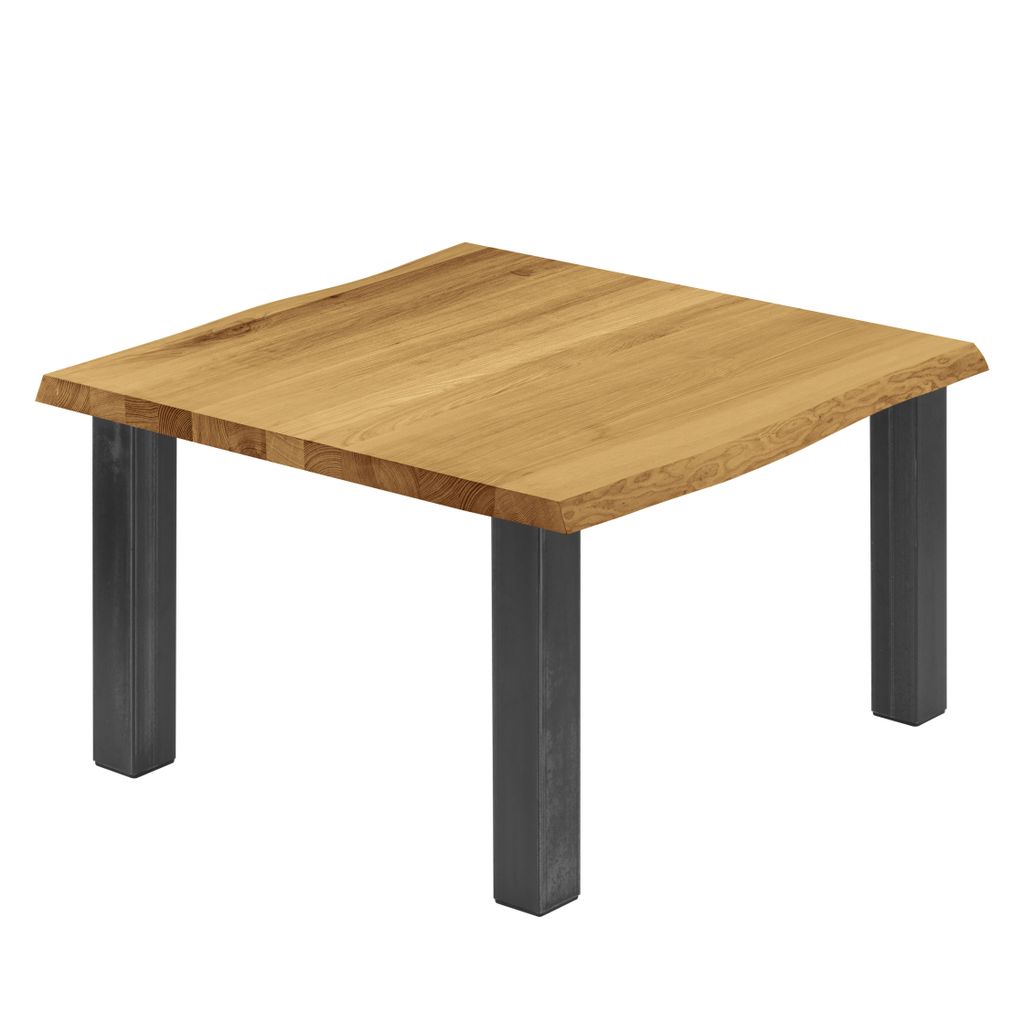 LAMO Manufaktur Esstisch Küchentisch Schreibtisch Couchtisch aus Massivholz, mit Baumkante 60x60x47 cm (AxBxH), Classic, Rustikal / Rohstahl mit K...