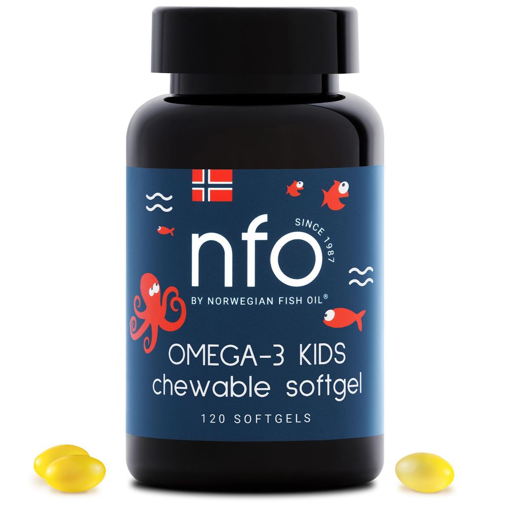 NFO Omega 3 Kids - Chewables - hochdosierte Tutti-Frutti-Kauebare Softgel-Kapseln, EPA & DHA +Vitamine E, C und D für Gehirn Augen Konzentration