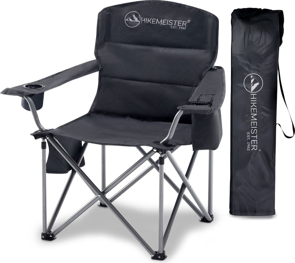 Hikemeister XXL Campingstuhl, klappbarer Faltstuhl isolierten Getränkehaltern Angelstuhl mit Armlehnen Outdoorstuhl Grau Klappstuhl inkl. Traget...