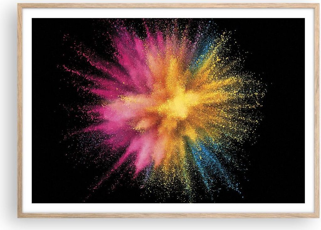Gerahmtes Poster - Rahmen in heller Eiche - Bunt Staub Explosion - 100x70 cm - Wand Bild - Wanddeko - Wandbilder - Kunstposter - Wandposter - Bilde...