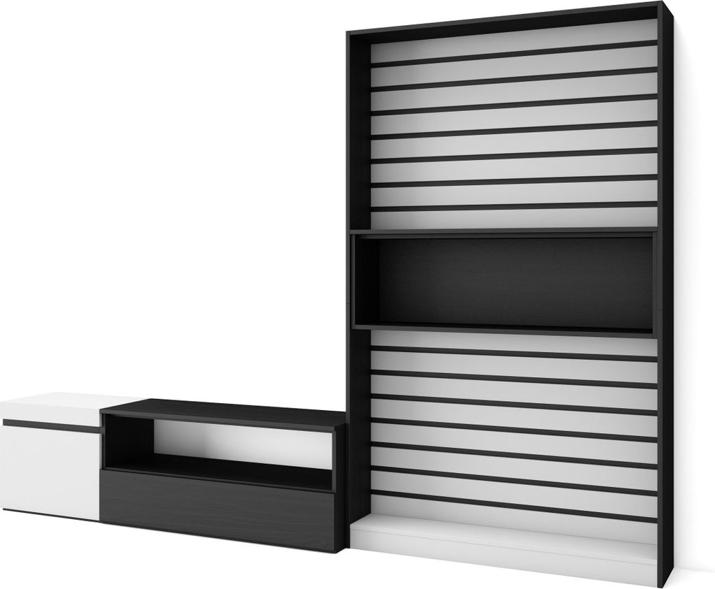 Wohnwand Wohnzimmer, 260x35x186cm, Für TV-Geräte bis zu 65", Wohnzimmer Möbel, Weiß und Schwarz