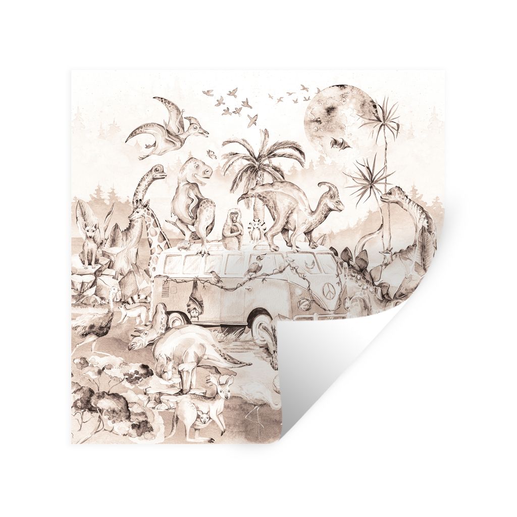 MuchoWow Wandtattoo Wandsticker Wandaufkleber Dinosaurier - Bus - Kinder - Tiere - Bäume 30x30 cm Selbstklebend und Repositionierbar - Repositio...