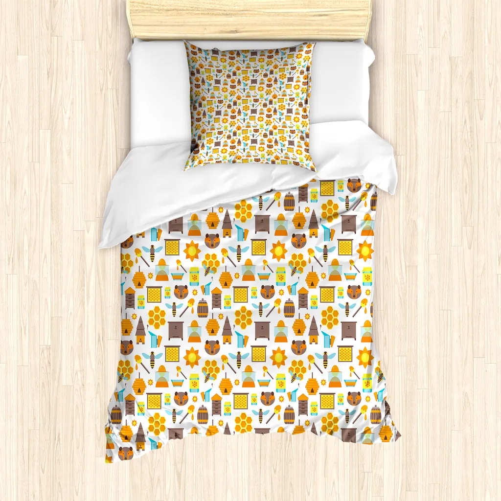 ABAKUHAUS Set copripiumino per letti singoli, Cartoon Apiary Elements, antiacaro, adatto a chi soffre di allergie, con federa, 135 cm x 200 cm - 80 x 80 cm, multicolore
