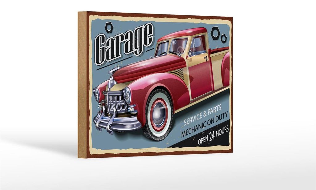 Holzschild Retro 18x12cm Auto Garage service parts open 24