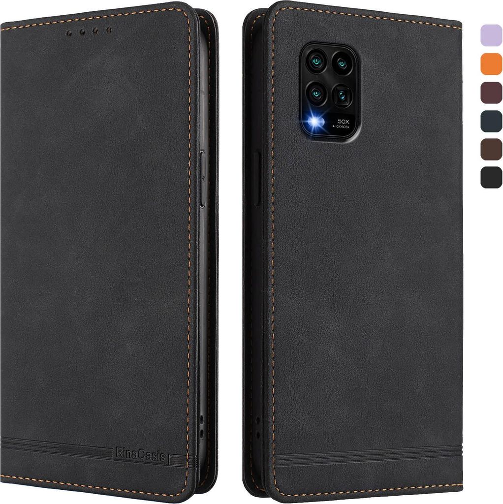 Hülle für Xiaomi Mi 10 Lite, Retro Kunstleder Ständer Klapphülle mit Kartenfächer und Magnetische Schwarz