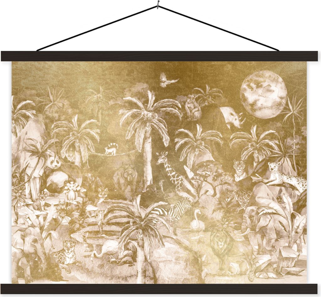 MuchoWow Textilposter Dschungel - Gold - Kinder - Pflanzen - Tiere 150x113 cm mit schwarzem Rahmen - Wohnzimmer