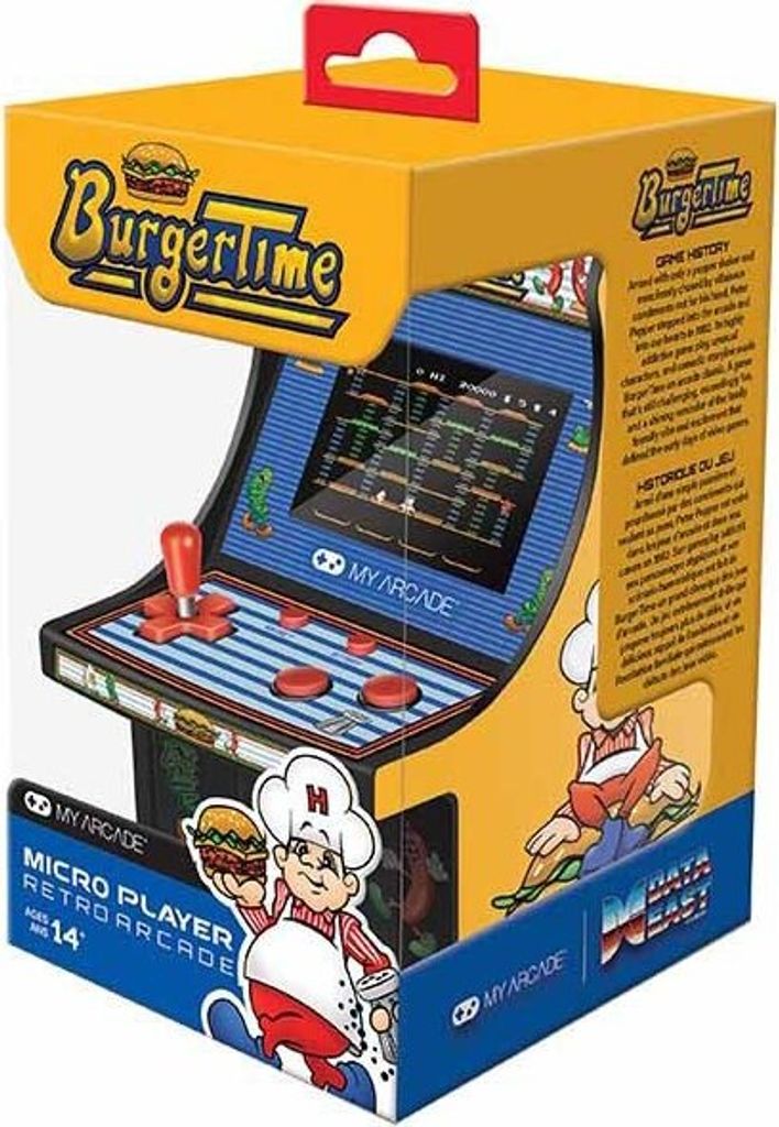 The image shows the retail packaging of a Burger Time Micro Player retro arcade game.