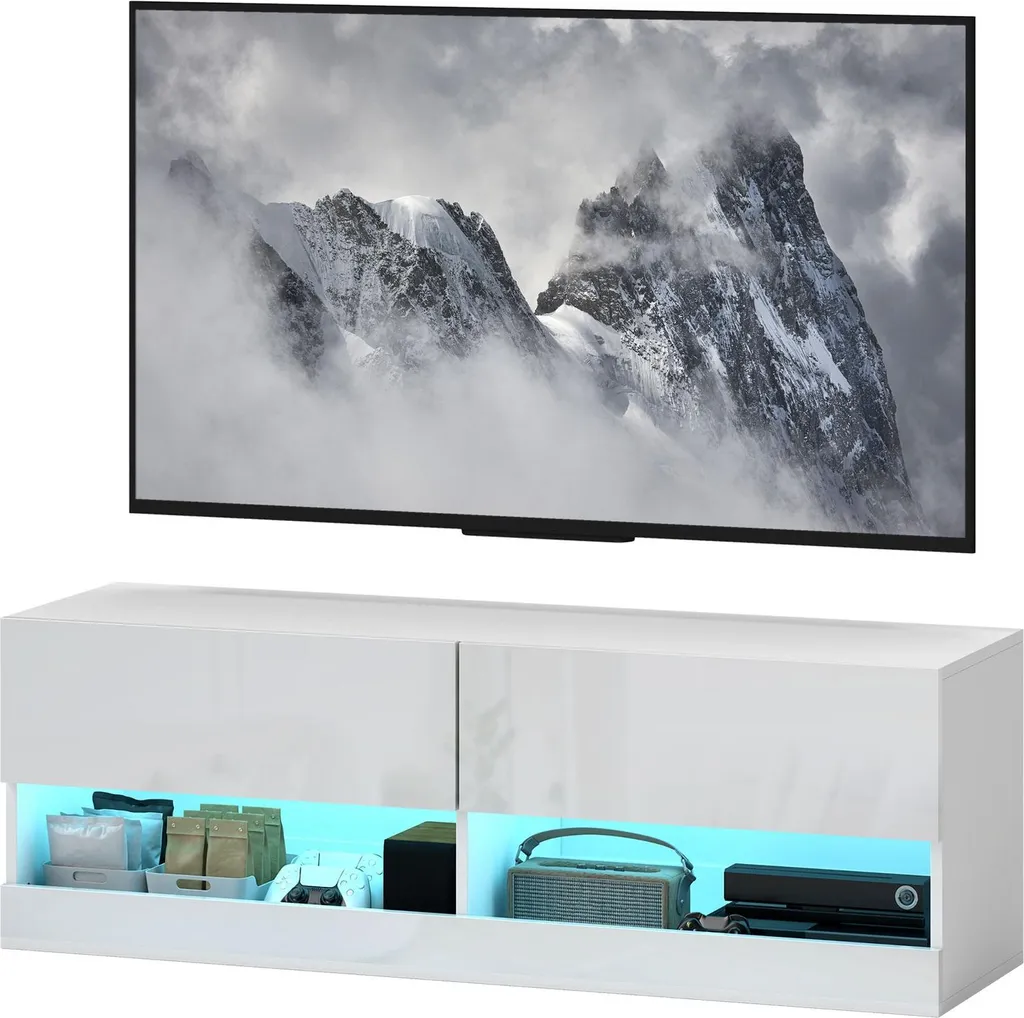 Meuble TV mural anti-encombrement avec LED et tiroirs blanc brillant 120
