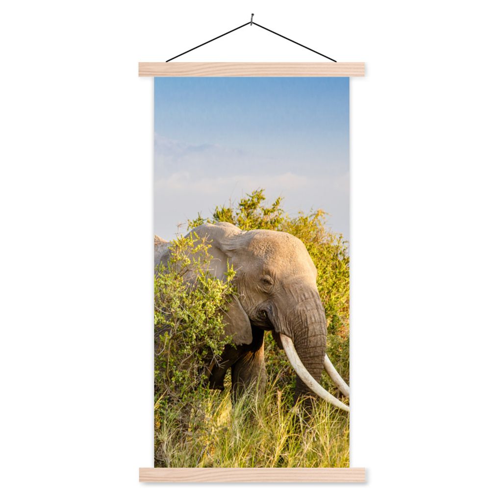 MuchoWow Textilposter Elefant - Tiere - Gras - Grün - Berg 60x120 cm mit holzfarbenen Rahmen - Holz