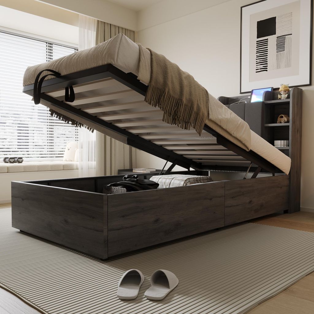 Holzbett 90 x 200 cm, hydraulisches Bett, Kopfteil mit Stauraum, ausgestattet mit USB- und Tape-C-Steckdose, Einzelbett, Jugendbett, Grau (ohne Mat...