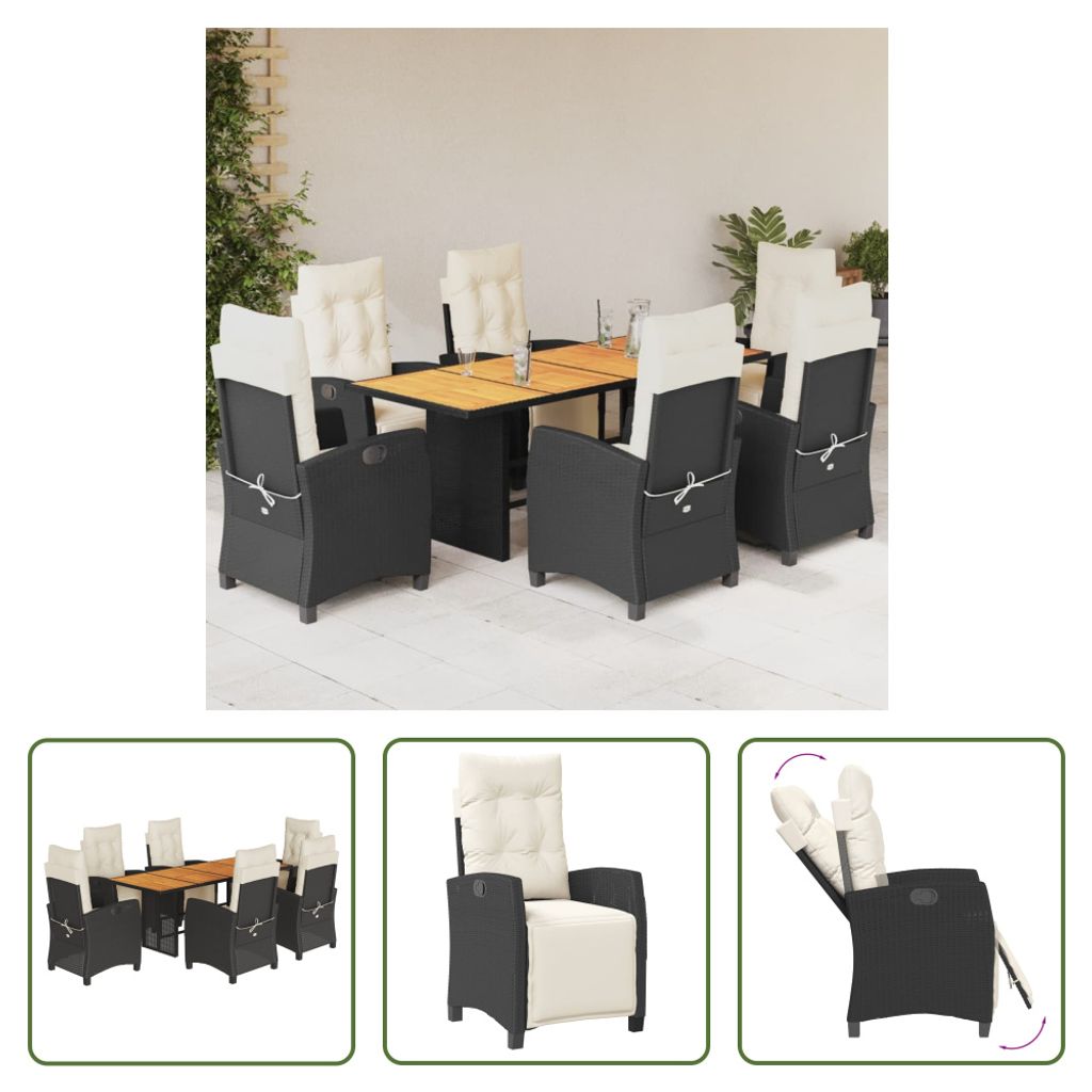 The Living Store 7-tlg. Garten-Essgruppe mit Kissen Schwarz Poly Rattan