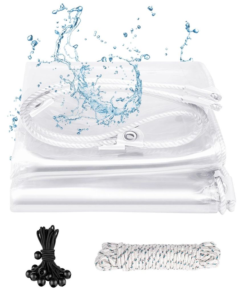 Transparente Plane mit Ösenverstärkung, 420 g/m², 2x3 m, wasserdichte Abdeckung/Zeltplane mit schwarzen Seilen, PVC-Material, wetterbeständige ...