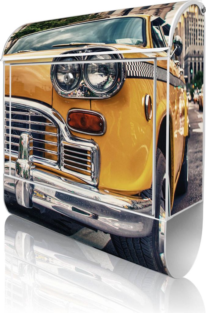 banjado Design Briefkasten Stahl weiß mit Zeitungsfach pulverbeschichtet "Yellow Cab" 38x46x12,5cm & 2 Schlüssel - Postkasten A4 Einwurf inkl. Mo...
