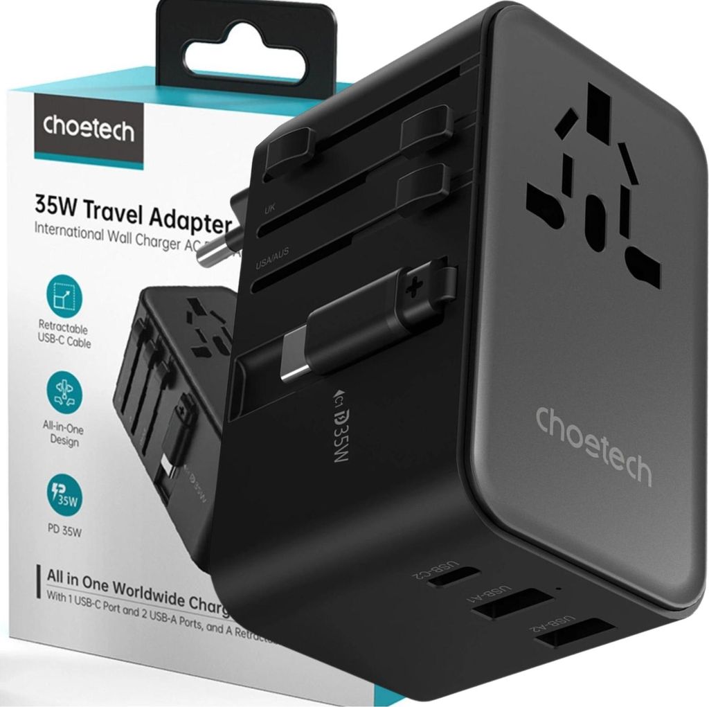 Choetech Reiseadapter PD5020 35W EU/US/AUS/UK mit integriertem USB-C-Kabel - Schwarz