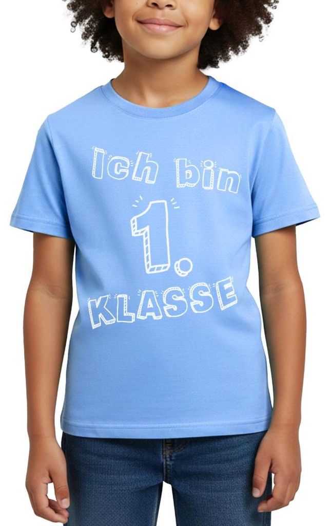 Spreadshirt Einschulung Ich Bin 1. Klasse Schulanfänger Kinder T-Shirt, 122/128 (7-8 Jahre), Himmelblau