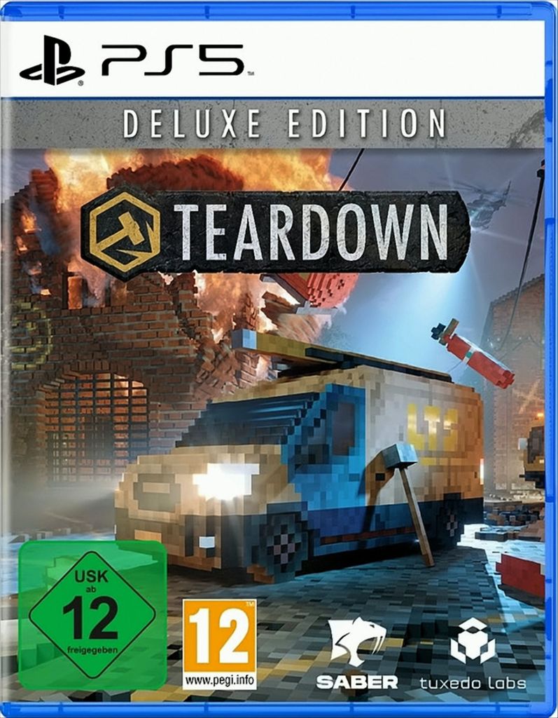 The image shows the front cover of the Teardown (Deluxe Edition) PS5 game. It features pixelated graphics of a van, explosions, and buildings, with the game title prominently displayed.