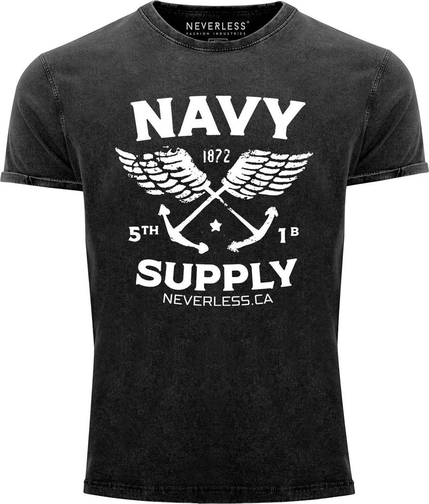 Neverless Herren T-Shirt Vintage Shirt Printshirt Anker Navy Supply Used Look Slim Fit schwarz S