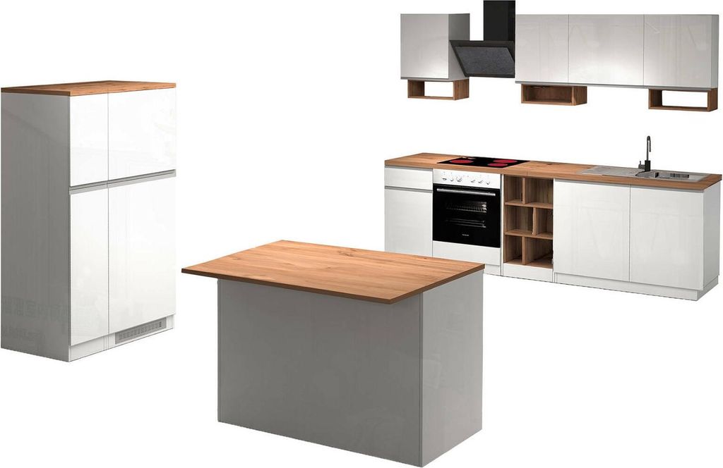 Komplette Küche Daquilant, Modulares Küchenset, Modulare Küche mit mehreren Elementen, 100 % Italy, Glänzendes Weiß und Eiche