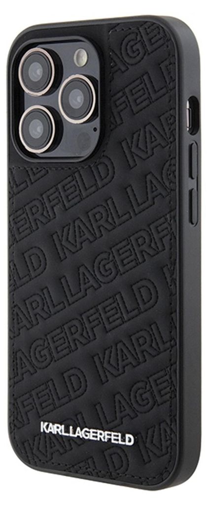 A black Karl Lagerfeld phone case with a repeating logo pattern.