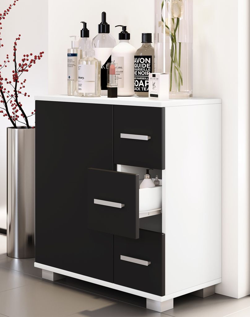 VCM Holz Midischrank | Badschrank | Maße: H. 65 x B. 60 x T. 30 cm | 3 Schubladen | 1 große Drehtür | 2 Fächer - Zalo XL