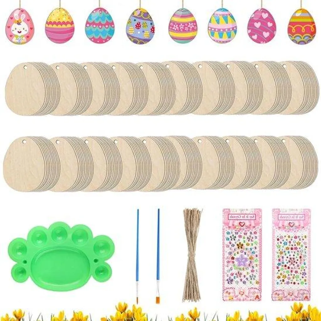 Œufs en bois DIY avec stickers diamant et cordons - Kit de 50 pièces