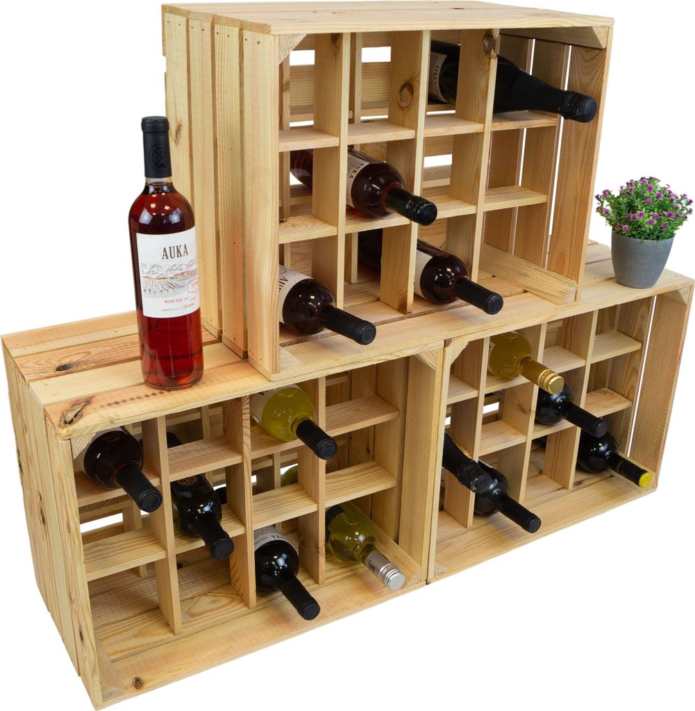 3er Set Flaschenregal Henry "12er Natur" Flaschenkiste Holzkiste Weinkiste Weinschrank Wasserkiste Weinablage