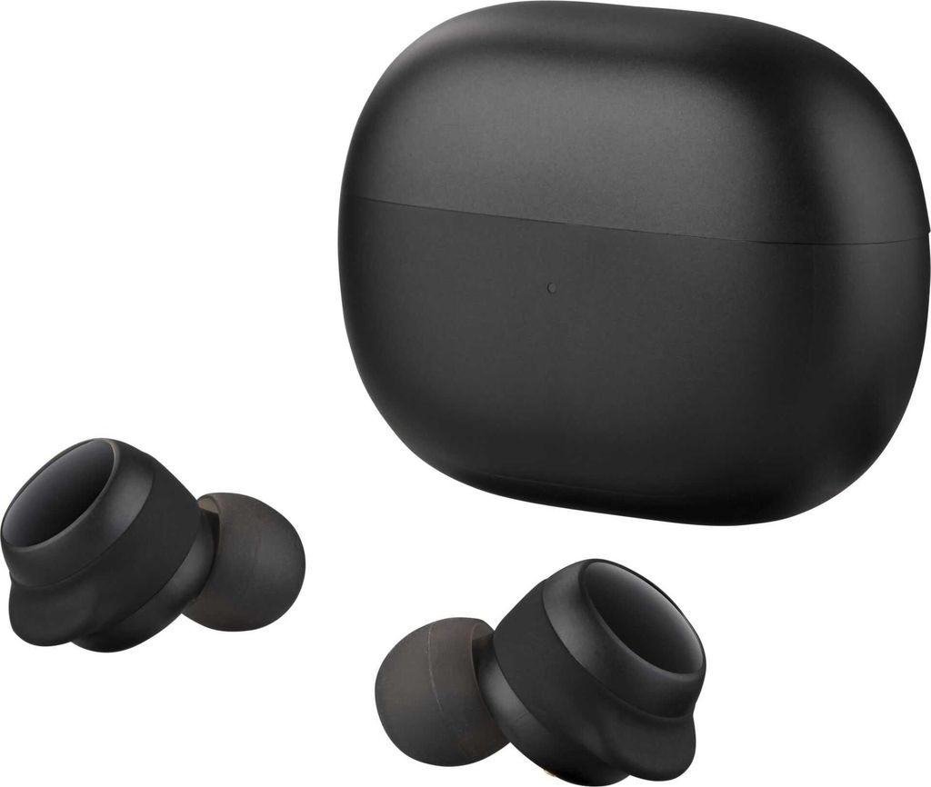 A black charging case and two black wireless earbuds are displayed against a white background.