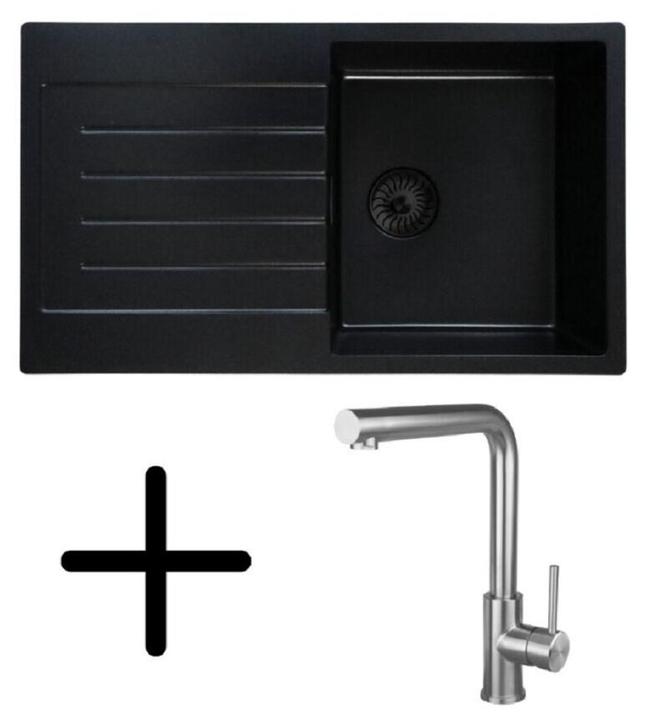 Caressi CAQPP770R10BK-EB Spüle, Einbau mit Küchenarmatur CABL003IU. Schwarz.