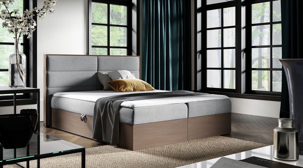 Kontinentales Bett 160x200 CHANTELLE 5 - dunkle Eiche / Grau + GRATIS Matratzenauflage